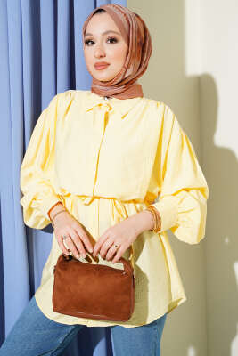 Gizli Düğmeli Balon Kol İp Kuşaklı Gömlek Sarı 