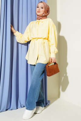 Gizli Düğmeli Balon Kol İp Kuşaklı Gömlek Sarı - Gömlek