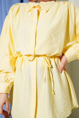 Gizli Düğmeli Balon Kol İp Kuşaklı Gömlek Sarı - Gömlek