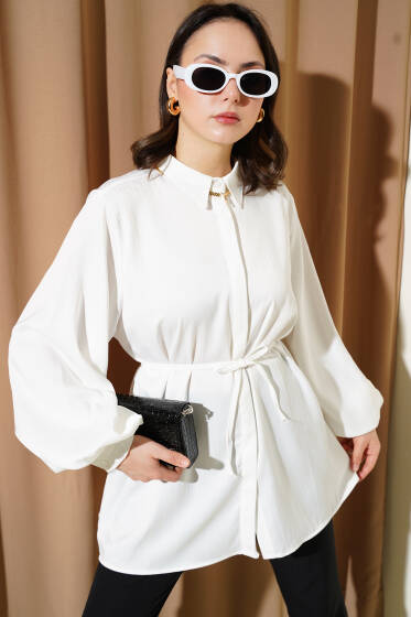 Gizli Düğmeli Balon Kol Saten Gömlek Beyaz - Gömlek