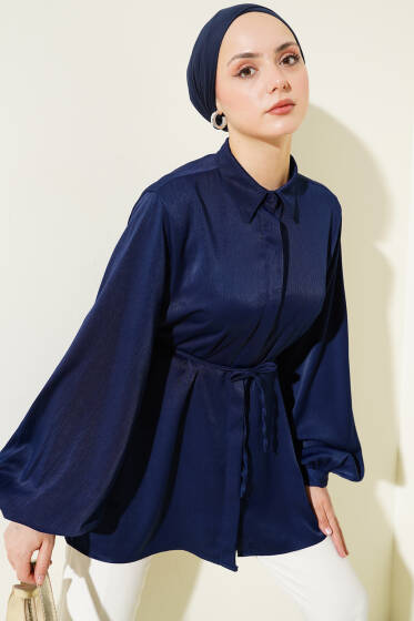 Gizli Düğmeli Balon Kol Saten Gömlek Lacivert - Gömlek