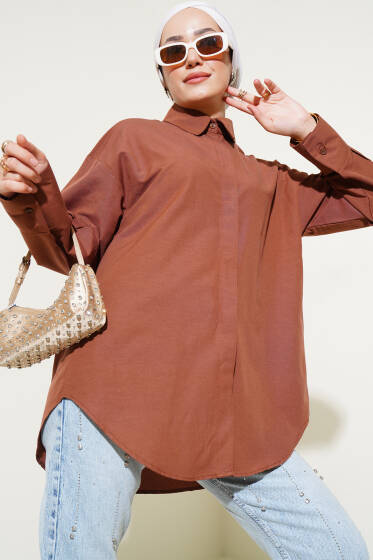 Gizli Düğmeli Basic Gömlek Kahve - Gömlek
