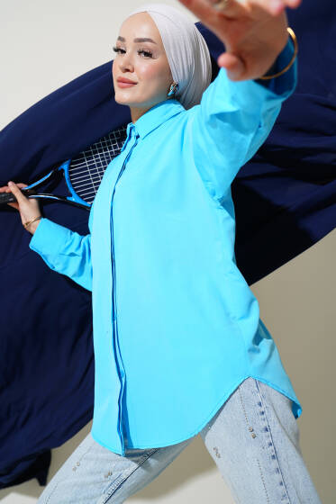 Gizli Düğmeli Basic Gömlek Mavi - Gömlek