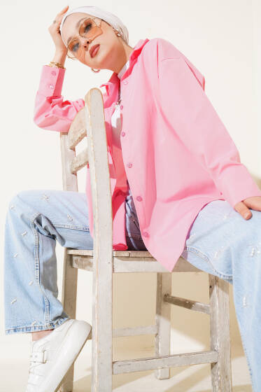 Gizli Düğmeli Basic Gömlek Pembe - Gömlek