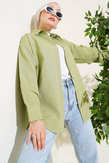 Gizli Düğmeli Basic Gömlek Yeşil - Gömlek