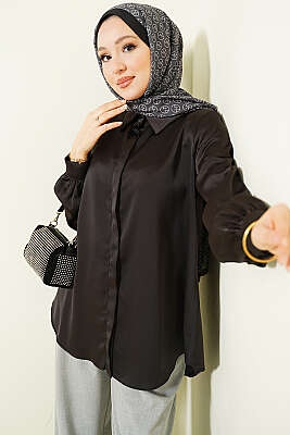 Gizli Düğmeli Basic Saten Gömlek Acı Kahve - Gömlek