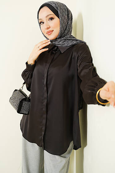 Gizli Düğmeli Basic Saten Gömlek Acı Kahve - Gömlek