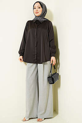 Gizli Düğmeli Basic Saten Gömlek Acı Kahve - Gömlek