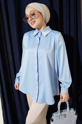 Gizli Düğmeli Basic Saten Gömlek Bebe Mavi - Gömlek