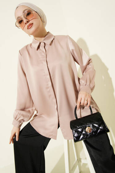 Gizli Düğmeli Basic Saten Gömlek Bej - Gömlek