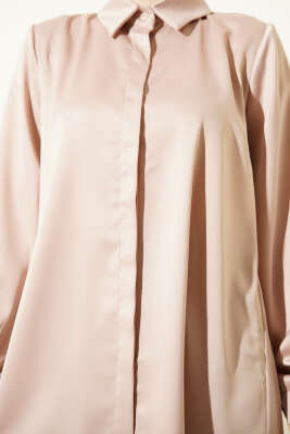Gizli Düğmeli Basic Saten Gömlek Bej - Gömlek