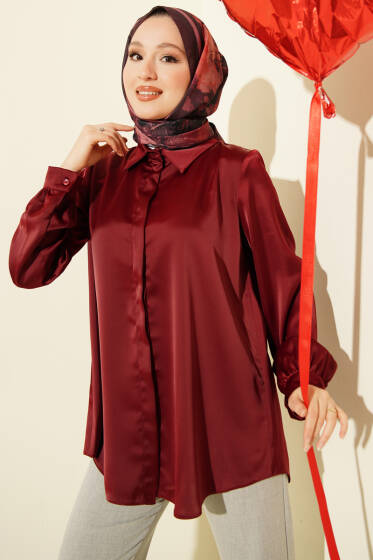 Gizli Düğmeli Basic Saten Gömlek Bordo - Gömlek