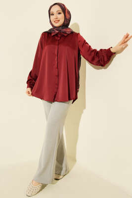 Gizli Düğmeli Basic Saten Gömlek Bordo - Gömlek
