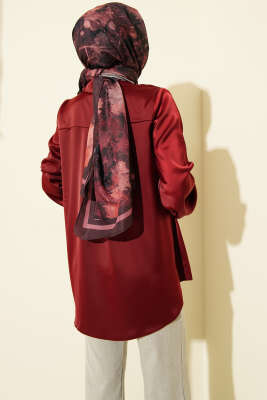 Gizli Düğmeli Basic Saten Gömlek Bordo - Gömlek