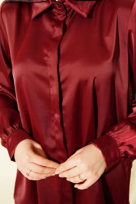 Gizli Düğmeli Basic Saten Gömlek Bordo - Gömlek