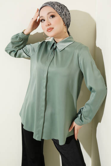 Gizli Düğmeli Basic Saten Gömlek Çağla Yeşili - Gömlek
