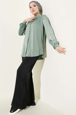 Gizli Düğmeli Basic Saten Gömlek Çağla Yeşili - Gömlek