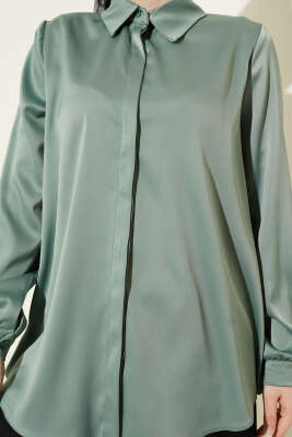 Gizli Düğmeli Basic Saten Gömlek Çağla Yeşili - Gömlek