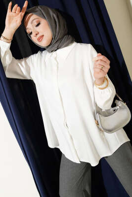 Gizli Düğmeli Basic Saten Gömlek Ekru 