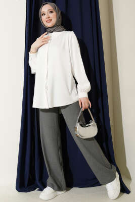 Gizli Düğmeli Basic Saten Gömlek Ekru - Gömlek