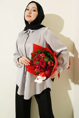 Gizli Düğmeli Basic Saten Gömlek Gri 