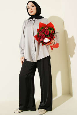 Gizli Düğmeli Basic Saten Gömlek Gri - Gömlek