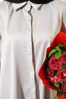 Gizli Düğmeli Basic Saten Gömlek Gri - Gömlek