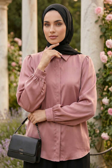 Gizli Düğmeli Basic Saten Gömlek Gül Kurusu - Gömlek