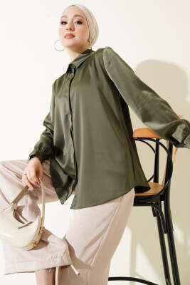 Gizli Düğmeli Basic Saten Gömlek Haki 