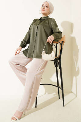 Gizli Düğmeli Basic Saten Gömlek Haki - Gömlek