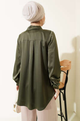 Gizli Düğmeli Basic Saten Gömlek Haki - Gömlek