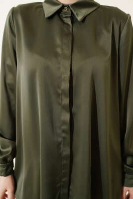Gizli Düğmeli Basic Saten Gömlek Haki - Gömlek
