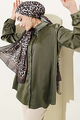 Gizli Düğmeli Basic Saten Gömlek Kamuflaj 