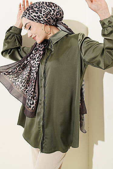 Gizli Düğmeli Basic Saten Gömlek Kamuflaj - Gömlek