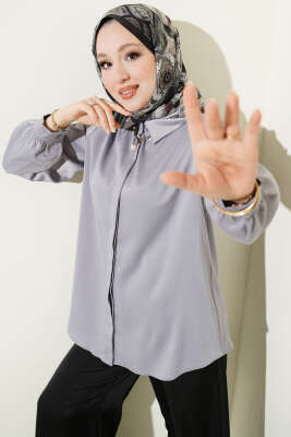 Gizli Düğmeli Basic Saten Gömlek Kayrak Grisi 
