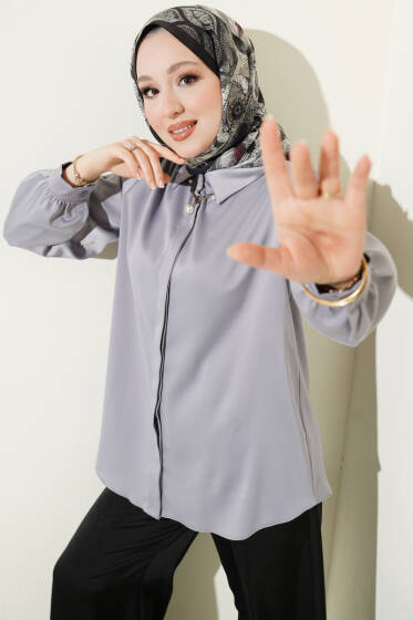 Gizli Düğmeli Basic Saten Gömlek Kayrak Grisi - Gömlek