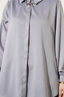 Gizli Düğmeli Basic Saten Gömlek Kayrak Grisi - Gömlek