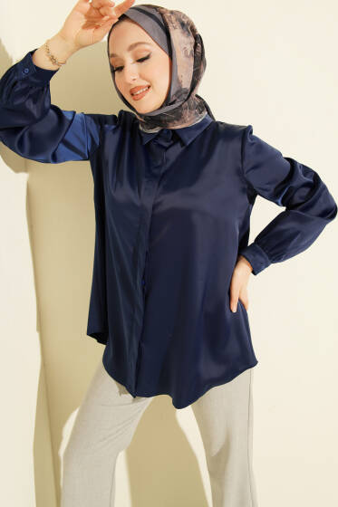 Gizli Düğmeli Basic Saten Gömlek Lacivert - Gömlek