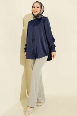 Gizli Düğmeli Basic Saten Gömlek Lacivert - Gömlek