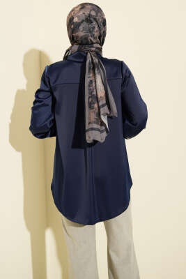 Gizli Düğmeli Basic Saten Gömlek Lacivert - Gömlek