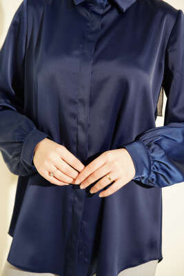 Gizli Düğmeli Basic Saten Gömlek Lacivert - Gömlek