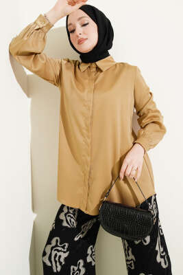 Gizli Düğmeli Basic Saten Gömlek Latte 