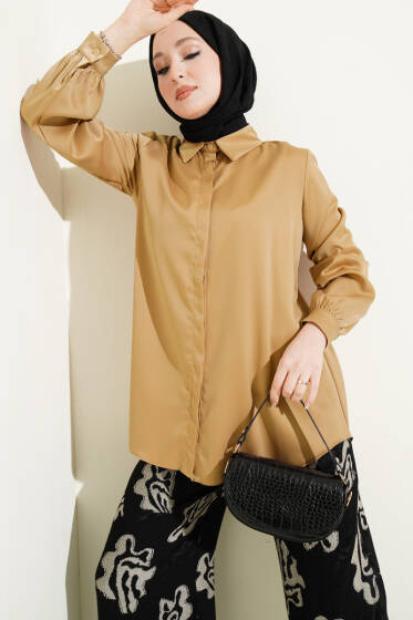 Gizli Düğmeli Basic Saten Gömlek Latte - Gömlek