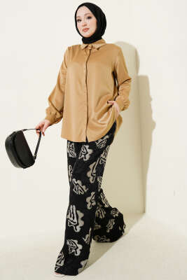 Gizli Düğmeli Basic Saten Gömlek Latte - Gömlek