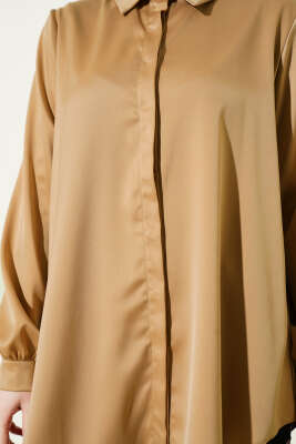 Gizli Düğmeli Basic Saten Gömlek Latte - Gömlek
