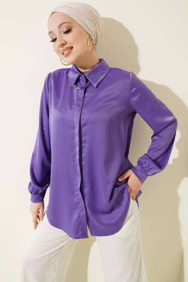 Gizli Düğmeli Basic Saten Gömlek Lila - Gömlek