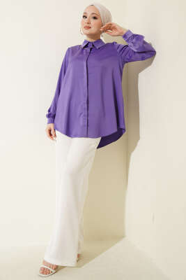 Gizli Düğmeli Basic Saten Gömlek Lila - Gömlek