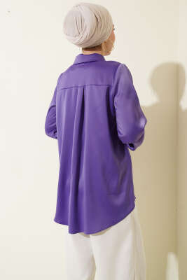 Gizli Düğmeli Basic Saten Gömlek Lila - Gömlek