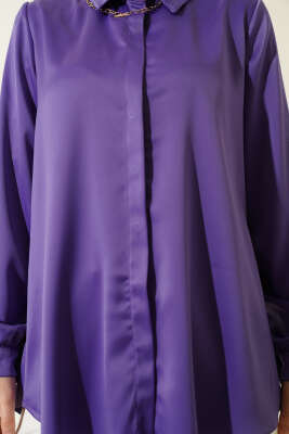 Gizli Düğmeli Basic Saten Gömlek Lila - Gömlek