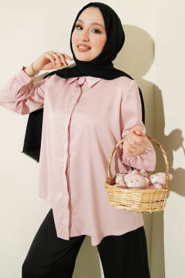 Gizli Düğmeli Basic Saten Gömlek Pudra 